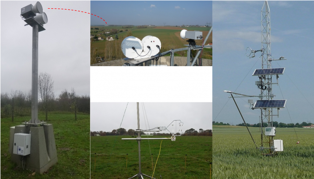 Haut et gauche : émetteurs et récepteurs des scintillomètres infrarouge et micro-onde installés sur l’Orgeval (le pointillé rouge montre la position des récepteurs vue depuis les émetteurs) ; droite : tour de flux sur l’Orgeval (culture de blé en 2015) ; bas : tour de flux sur la parcelle de prairie à Naizin.